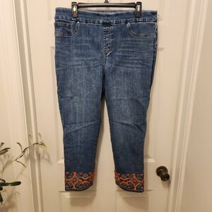 Chicos Pull On Crop Jeans with Orange Ebroidered Accents